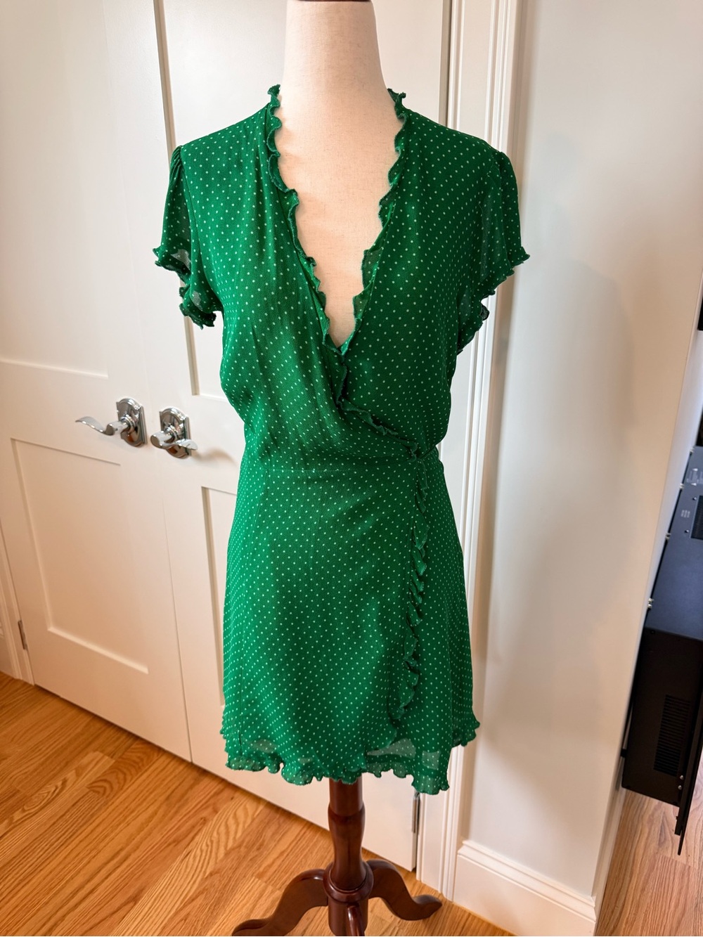 Reformation Sicilia Green Polka Dot Mini Wrap Dress - Picture 6 of 16